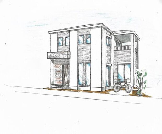 【外観完成予想図】
ツートンカラーがモダンな外観デザインです。正方形に近い敷地形状を活かし、全居室2面以上の採光+収納たっぷりの、開放感のある間取りを実現しました。