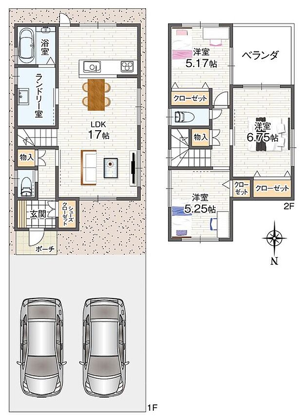 建物価格1849万円、建物面積83.83m2
2階建て3LDKの建物プラン。室内干しに便利なランドリー室付き。花粉の季節や雨の日も安心してお洗濯ができます。トイレを各階に設けています。