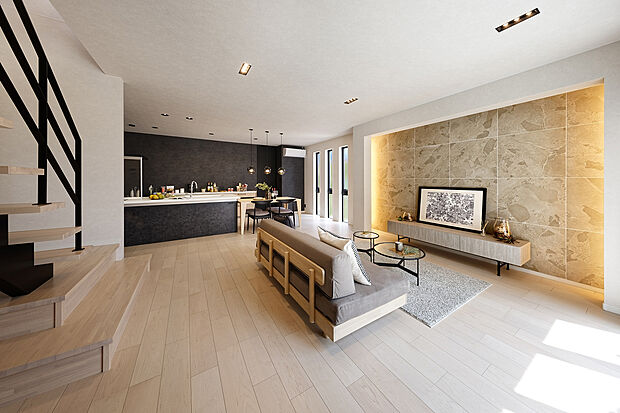 【【弊社施工例／LDK】】存在感のあるライティングが空間を優しく包み込み、洗練されたリビング空間に。