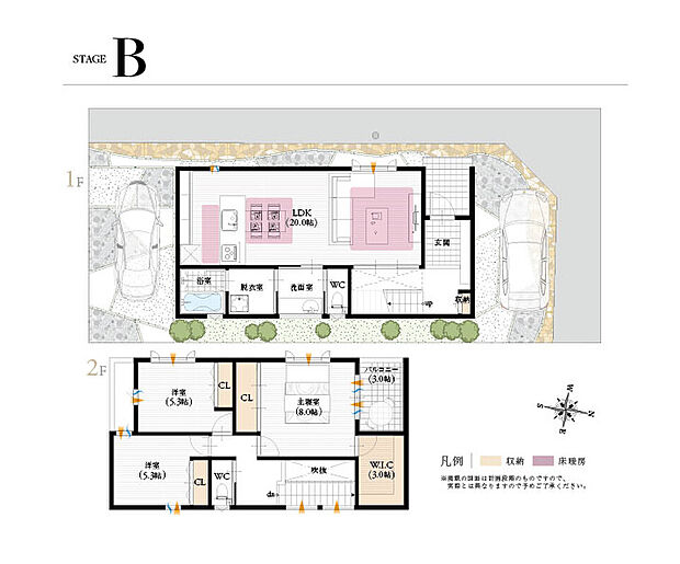 【【B号地参考プラン】】広々とした居住空間に、3.0帖のW.I.Cや階段ホールを設けた日々の暮らしにゆとりをもたらしてくれるプラン。
建物面積:106.00m2