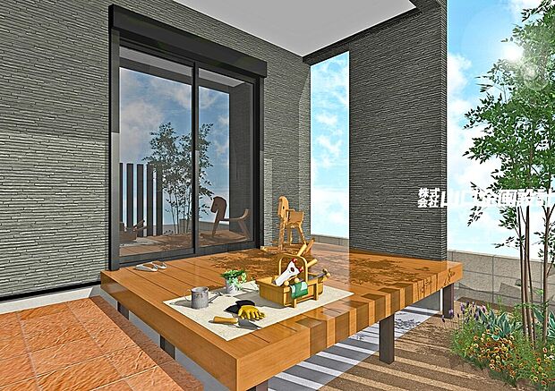 【完成予想図　ウッドデッキ】室内から飛び出した屋外リビング！上部の2階バルコニーが雨や気になる日差しに対応。時別な時間を味わえます。　※図面を基に描いたもので実際とは異なります。調度品等は含みません。