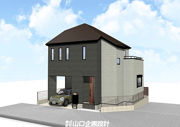 【完成予想図 ※図面を基に描いたもので実際とは異なります。】石目調の外壁を大胆に貼り分け、スタイリッシュで重厚感のある佇まい。