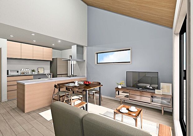 【完成予想図 LDK 】穏やかな配色と木目調でまとめられたLDK。勾配天井とフラット天井、立体的で開放感のある空間。自然と肩の力も抜けていきます。 ※図面を基に描いたもので実際とは異なります。調度品等は含みません。