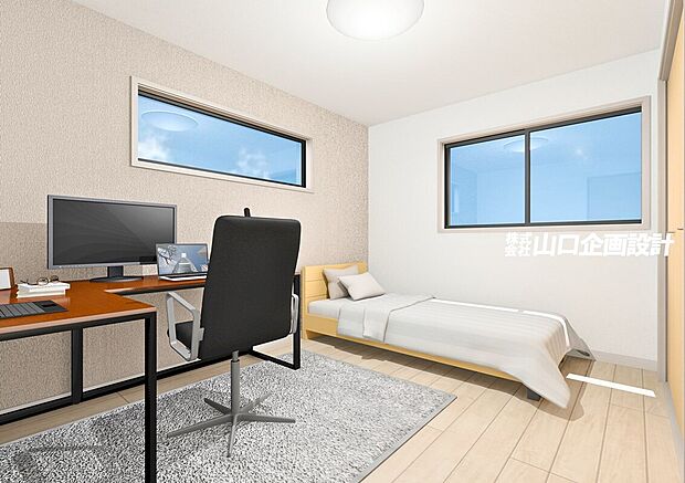 【完成予想図 1階洋室】2面採光の明るいお部屋です。クローゼット内に床下収納あり、普段使わないものなどの収納に便利です。 ※図面を基に描いたもので実際とは異なります。調度品等」は含みません。