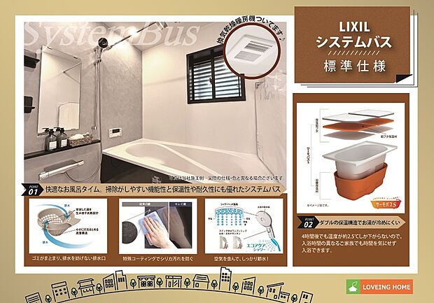 【建物標準仕様　システムバス】【同仕様】少ない水でたっぷりシャワーの「エコアクアシャワー」スイッチ付で吐水・止水の切り替えもスムーズ、湯船のお湯が冷めにくい構造の「サーモバスS」、キレイドア、換気乾燥暖房機など機能性も快適性も叶えたシステムバスを採用。