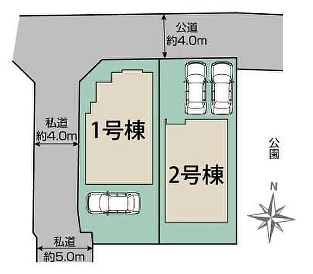 【区画図】(1号棟)角地につき陽当たり良好◎(2号棟)車種により2台駐車可能なカースペース完備♪穏やかな時が流れる落ち着いた住環境の低層住宅地です。
