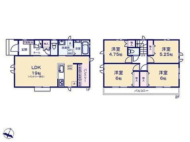 【4LDK】◇キッチン奥に大型パントリー完備！まとめ買い時も安心です♪◇対面式キッチンからはリビング全体が見渡せます♪◇洋室を2階に集約し、プライバシーにも配慮した間取りプラン♪