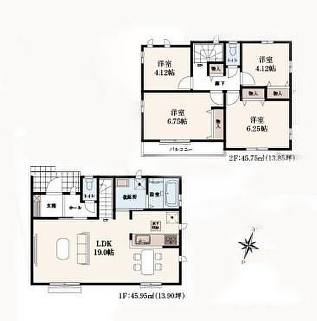 【4LDK】◇広々19帖のLDK♪家族のコミュニケーション育むリビングイン階段採用♪◇ご家族を見守りながらお料理が作れる対面式キッチン♪◇家事導線がスムーズになる水回り集中設計♪