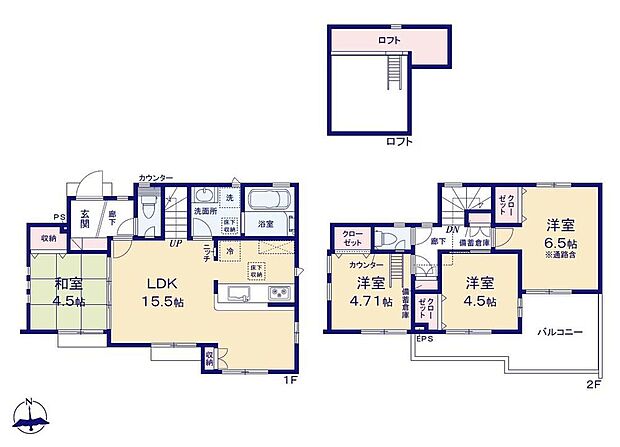 【4LDK】全居室南向き！折上天井の開放的なリビングです☆足を伸ばして寛げる洋風和室がございます♪２階のお部屋にはロフト付き♪勾配天井で空間の広がりを感じられます◎