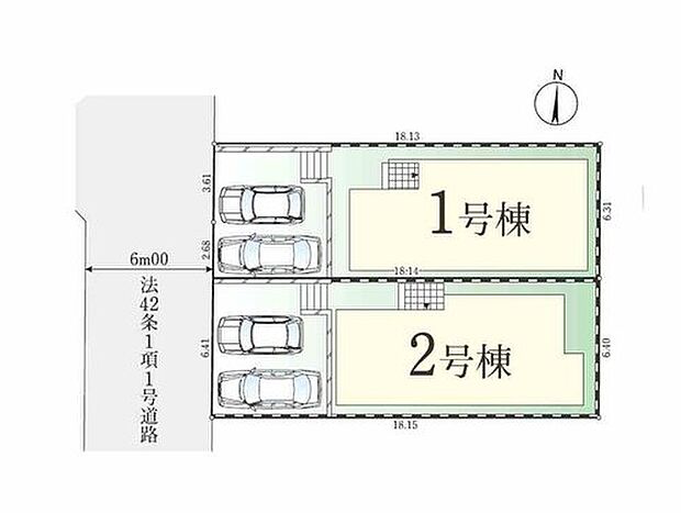 【全体区画図】車種により並列2台駐車可能なカースペース完備☆前道が6mあるので、車庫入れが苦手な方でも安心して入れられます♪