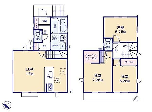 【3LDK】LDK15帖♪対面キッチンからはリビング全体が見渡せます♪まとめ買いしてもこの収納量なら心配いらずの、パントリーと床下収納付き♪雨の日や冬場のお洗濯に嬉しい浴室乾燥機装備♪
