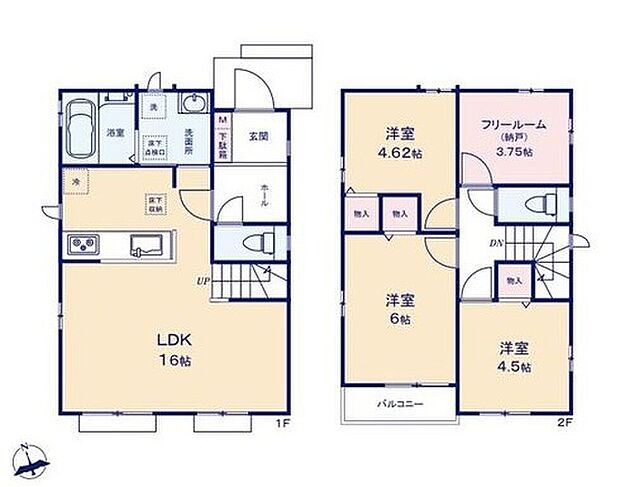 【3LDK+S】洋室を2階に集約し、プライバシーにも配慮した間取りプラン!リビングイン階段で、お子様の帰宅もすぐわかりますね。2階のフリールームは在宅ワークの作業スペースなど様々な使い方に対応可♪