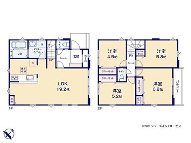 19帖超のゆとりのあるLDK♪3面採光でいつでも明るい印象です☆
対面式キッチン＆リビングイン階段採用で生活に寄り添う設計です♪
玄関まわりがすっきり片付くSIC付き♪全居室に収納スペースを完備◎ 