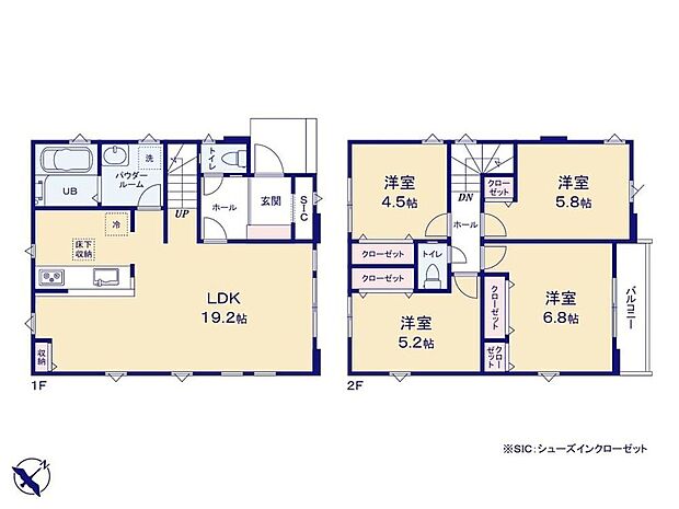【4LDK】19帖超のゆとりのあるLDK♪3面採光でいつでも明るい印象です☆
対面式キッチン＆リビングイン階段採用で生活に寄り添う設計です♪
玄関まわりがすっきり片付くSIC付き♪全居室に収納スペースを完備◎
