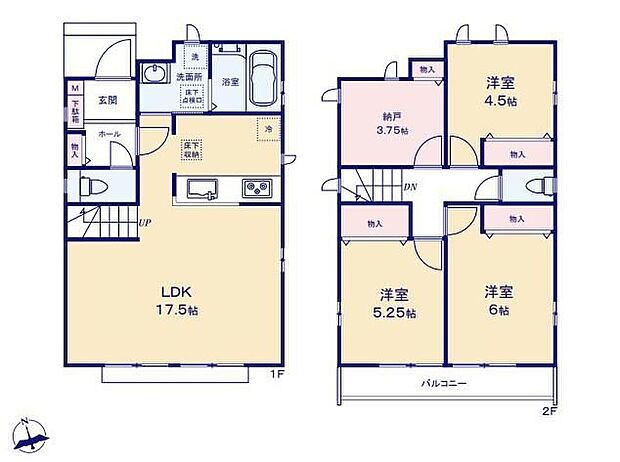 【3LDK+S】広々17.5帖のLDK！対面キッチンからはLDK全体を見渡せます♪
水回りがまとまっているので忙しい奥さんには嬉しい間取りです。
2階のフリールームは窓付きなので、居室としてもお使いいただけます☆