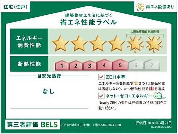 【【省エネ性能ラベル】】こちらの物件はZEH水準を満たした、省エネ性能に優れた物件です。　光熱費を抑えて暮らすことができるだけでなく、「熱の入りにくさ・逃げにくさ」という観点でも影響を受けにくい建物のため、長く快適にお過ごしいただけます♪　※本ラベルは特定の住戸の性能を示すものであり、全ての住戸の性能を示すものではありません。