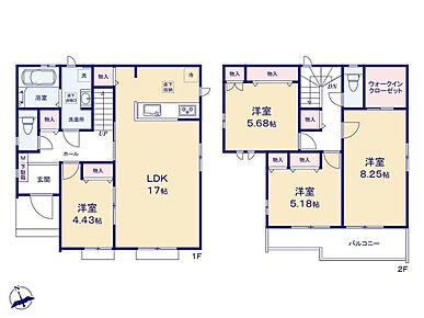 ◇LDK17帖横にはお子様の遊びスペースや客室としても便利な居室4.43帖♪◇全居室収納有！WICやパントリーなど備えた収納豊富な間取り♪◇主寝室は8.25帖！ベットを置いてもゆとりがあり、快適に過ごせます♪ 