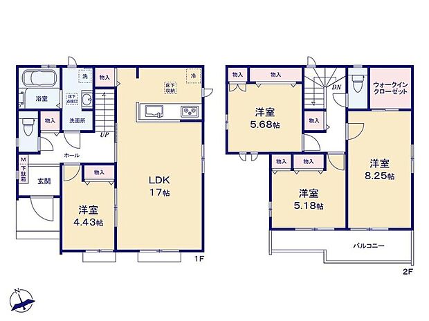【4LDK】◇LDK17帖横にはお子様の遊びスペースや客室としても便利な居室4.43帖♪◇全居室収納有!WICやパントリーなど備えた収納豊富な間取り♪◇主寝室は8.25帖!ベットを置いてもゆとりがあり、快適に過ごせます♪