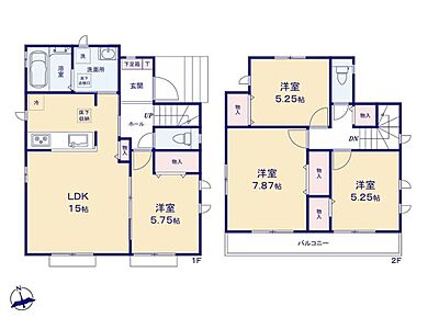 ◇LDK15帖+5.7帖超の洋室♪水回り集中設計で、家事効率UP☆◇全居室収納完備☆ホール収納、パントリーなど随所に豊富な収納をご用意♪◇南側には広々バルコニーを設置♪2部屋より出入り可能で開放感抜群！ 