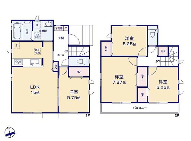 【4LDK】◇LDK15帖+5.7帖超の洋室♪水回り集中設計で、家事効率UP☆◇全居室収納完備☆ホール収納、パントリーなど随所に豊富な収納をご用意♪◇南側には広々バルコニーを設置♪2部屋より出入り可能で開放感抜群!