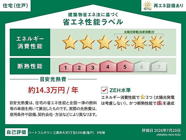 【省エネ性能ラベル】こちらの物件はZEH水準を満たした、省エネ性能に優れた物件です。 光熱費を抑えて暮らすことができるだけでなく、「熱の入りにくさ・逃げにくさ」という観点でも影響を受けにくい建物のため、長く快適にお過ごしいただけます♪ ※本ラベルは特定の住戸の性能を示すものであり、全ての住戸の性能を示すものではありません。