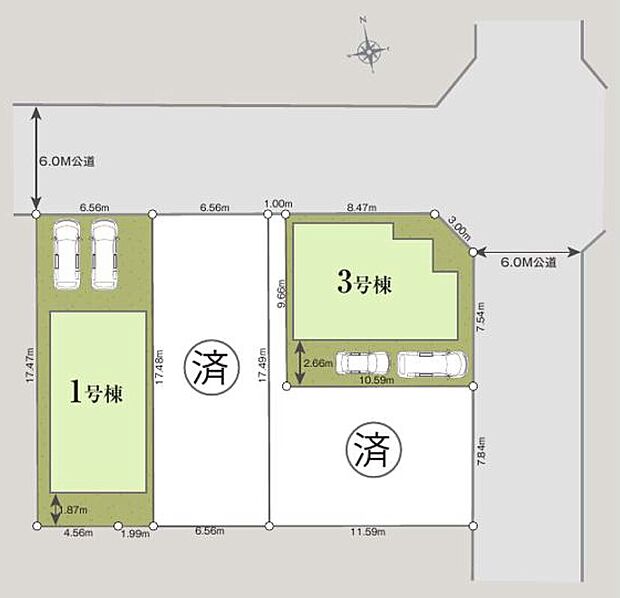 ≪全体区画図≫
駐車1～2台可能（号棟・車種による）！急な来客時や、ご家族の自転車スペースとしても大活躍♪