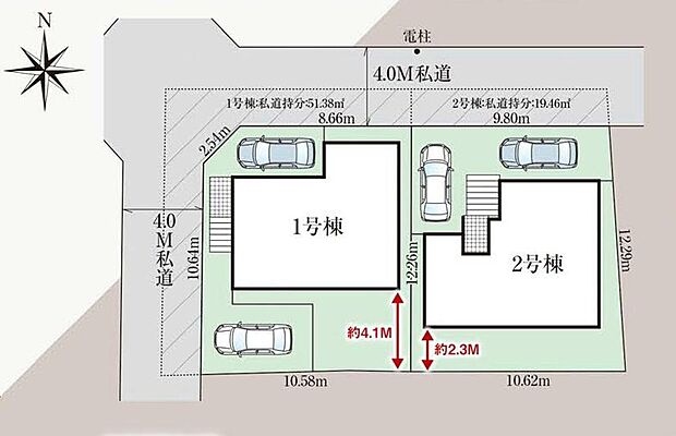 ≪全体区画図≫
明るい全棟南向き！1号棟は開放感のある角地！
駐車2台可能（車種による）！急な来客時や、ご家族の自転車スペースとしても大活躍♪