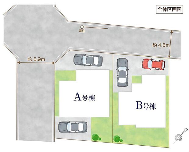 ≪全体区画図≫
駐車2台可能（車種による）！急な来客時や、ご家族の自転車スペースとしても大活躍♪