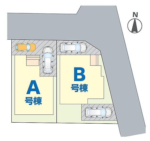 ≪全体区画図≫
開放感のある角地物件！南向き2邸♪
駐車2台可能（車種による）！急な来客時や、ご家族の自転車スペースとしても大活躍♪