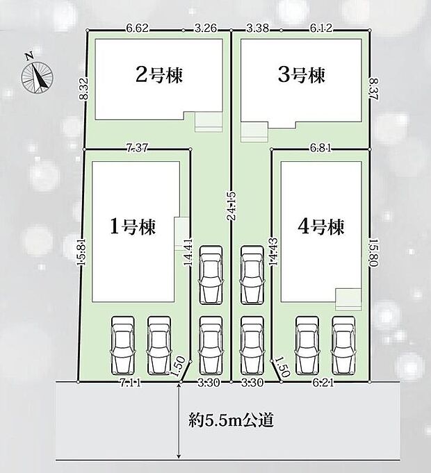 ≪全体区画図≫
全棟駐車2台可能（車種による）！急な来客時や、ご家族の自転車スペースとしても大活躍♪
南前面道路で陽当たり良好♪