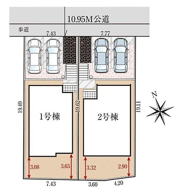 ≪全体区画図≫
駐車2台可能(車種による)!急な来客時や、ご家族の自転車スペースとしても大活躍♪
前面道路が広いので、駐車もラクラクですね!