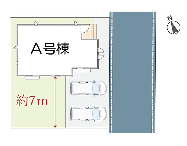 ≪全体区画図≫駐車2台可能（車種による）！急な来客時や、ご家族の自転車スペースとしても大活躍♪奥行き約7ｍの広々庭付！