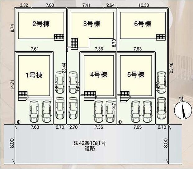 ≪全体区画図≫
全6棟の分譲地！南前面道路で陽当たり良好♪
駐車2台可能（車種による）！急な来客時や、ご家族の自転車スペースとしても大活躍♪
前面道路が広いので、駐車もラクラクですね！