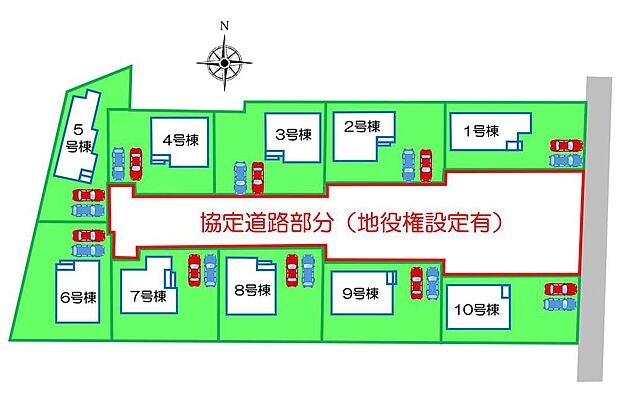 ≪全体区画図≫
全10棟の分譲地!
駐車2台可能(車種による)!急な来客時や、ご家族の自転車スペースとしても大活躍♪