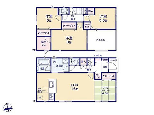 【3LDK+S】家事のしやすい水廻り集中設計、ちょっと寛ぐのにちょうどいいタタミコーナー付きプラン♪
主寝室には2帖の納戸付き！