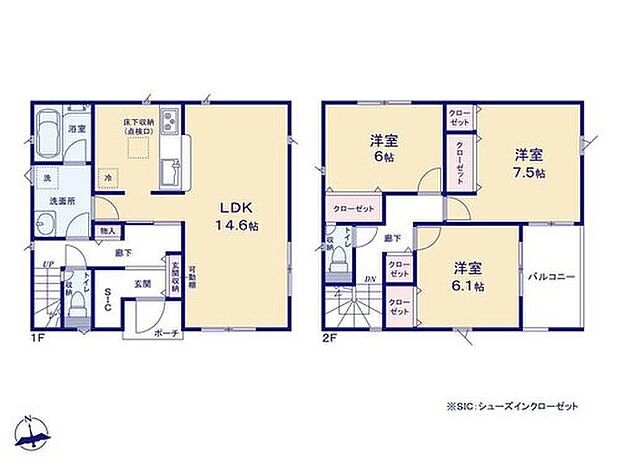 【3LDK】家事のしやすい水廻り集中設計！
お履物だけでなく、趣味のアウトドア用品やゴルフバッグ、ベビーカー等の収納にも便利なSIC付き！