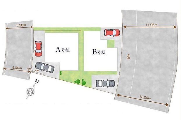 【≪全体区画図≫】駐車2台可能（車種による）！急な来客時や、ご家族の自転車スペースとしても大活躍♪