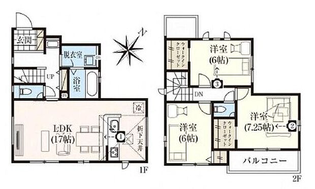【3LDK】お掃除ラクラク全居室フローリングプラン♪
収納力のあるWICが2ヶ所！
洗面・脱衣所独立タイプ！
