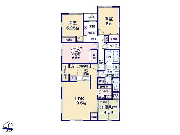 【4LDK】ゆとりある広さの平屋建て!19帖超えのリビングには憩いの和室付きです♪
可動棚付きのパントリーやリビング収納を備えた間取り◎
サービスルームもあり、季節物家電などもすっきり片付きます♪