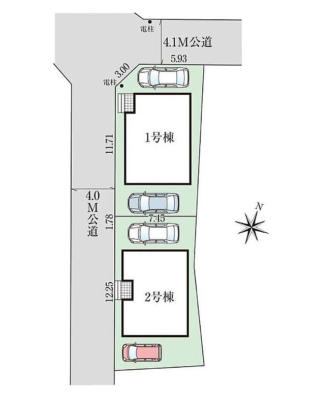 【全体区画図】駐車2台可能（車種による）！急な来客時や、ご家族の自転車スペースとしても大活躍♪