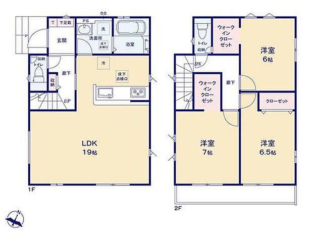 【3LDK】LDK広々19帖！お掃除ラクラク全居室フローリングプラン♪
収納力のあるWICが2ヶ所！