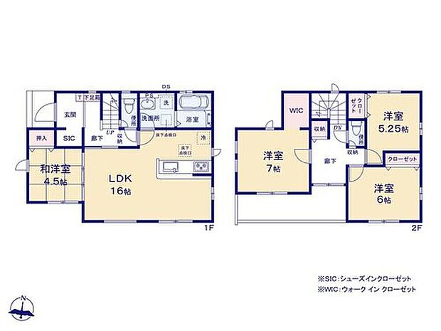 【4LDK】家事のしやすい水廻り集中設計、ホッとできる寛ぎの和洋室付きプラン♪
主寝室にあると嬉しいWIC、趣味のものやベビーカー等の収納にも便利なSC等、収納が充実！
廊下から出入りできるバルコニーは大変便利です！