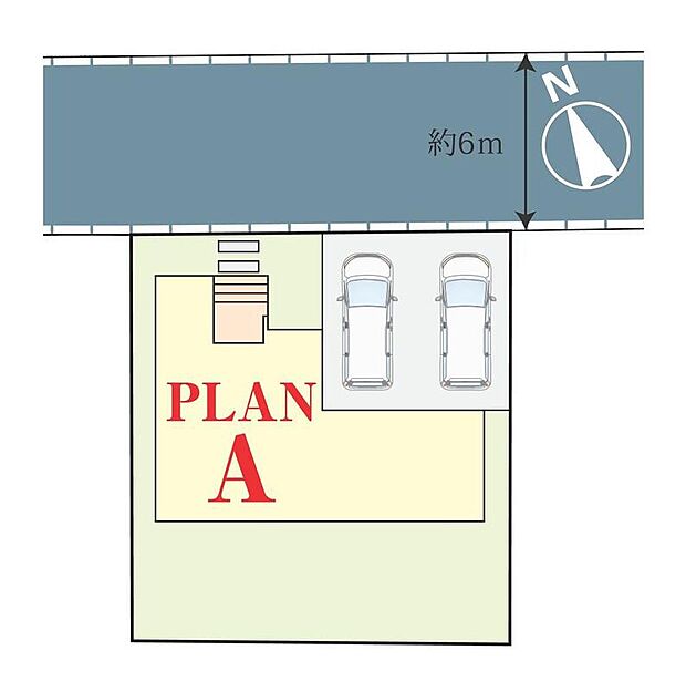 【全体区画図】駐車2台可能（車種による）！急な来客時や、ご家族の自転車スペースとしても大活躍♪
前面道路が広いので、駐車もラクラクですね！