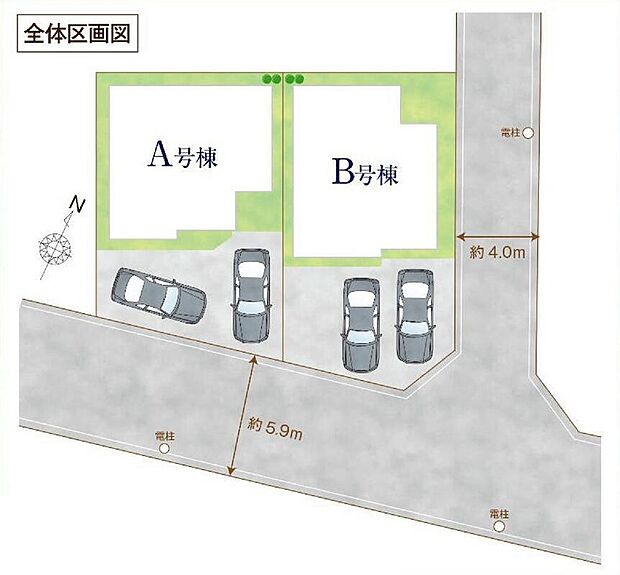 【全体区画図】駐車2台可能（車種による）！急な来客時や、ご家族の自転車スペースとしても大活躍♪