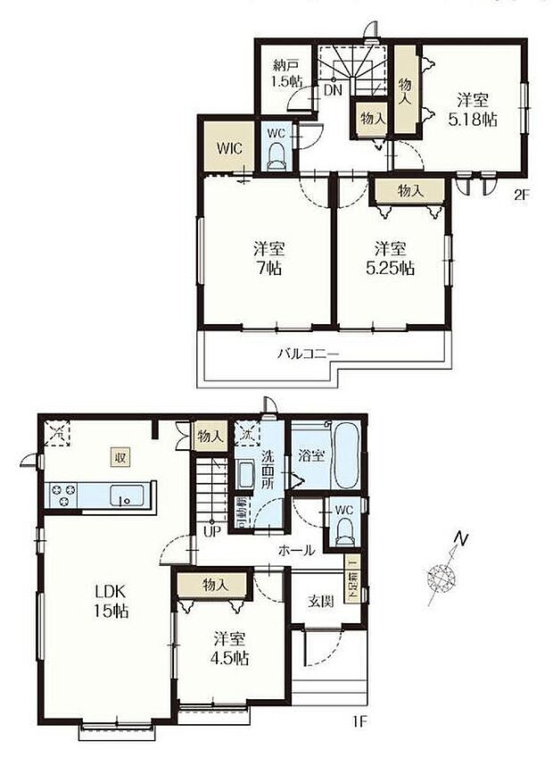 【4LDK+S】1.5帖の納戸、WIC、2階ホール・階段下物入等、収納が充実！
お掃除ラクラク全居室フローリングプランです♪