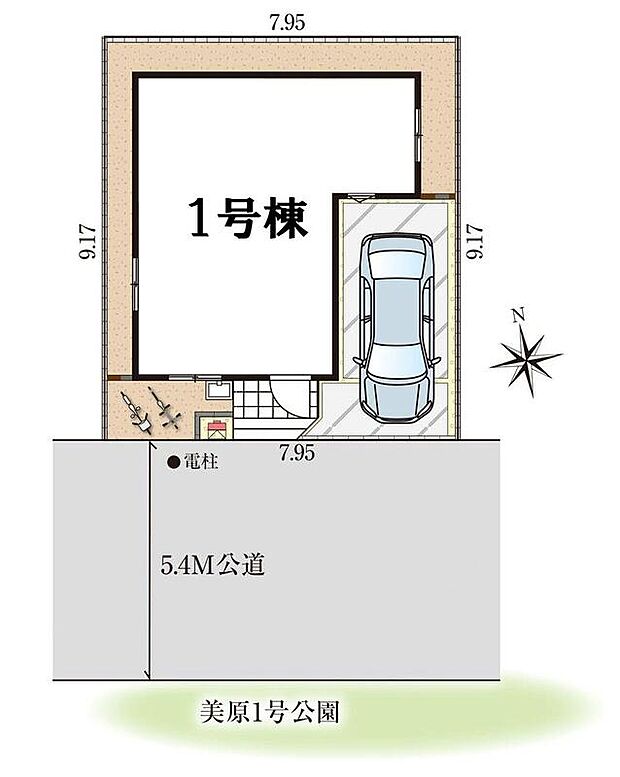 【全体区画図】南前面道路で陽当たり良好♪
カースペース1台分！前面道路が広いので、駐車もラクラクですね！