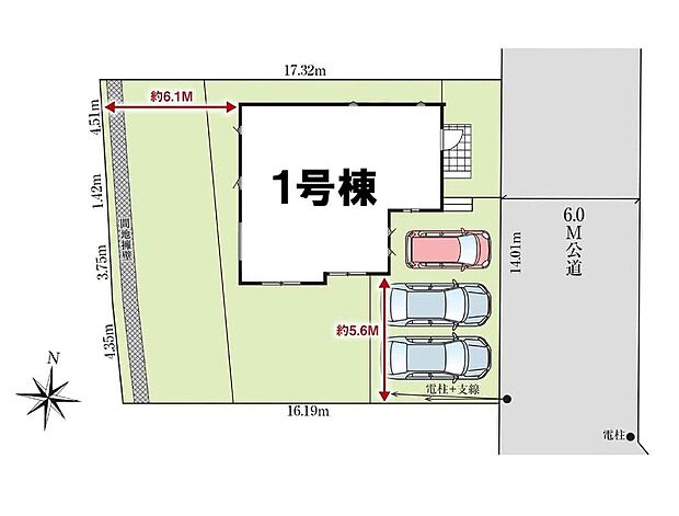 【全体区画図】駐車最大3台可能（車種による）！急な来客時や、ご家族の自転車スペースとしても大活躍♪
前面道路が広いので、駐車もラクラクですね！