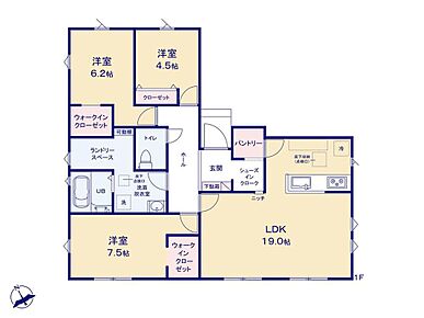 LDKは広々19帖、生活のしやすいゆとりの平屋住宅♪
WIC×2ヶ所、SIC、パントリー等、収納が充実！
ランドリールームも大変便利です！ 
