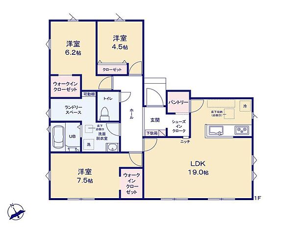 【3LDK】LDKは広々19帖、生活のしやすいゆとりの平屋住宅♪
WIC×2ヶ所、SIC、パントリー等、収納が充実！
ランドリールームも大変便利です！