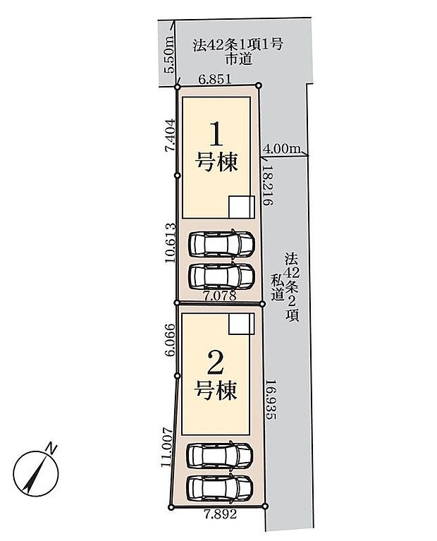 【全体区画図】駐車2台可能（車種による）！急な来客時や、ご家族の自転車スペースとしても大活躍♪